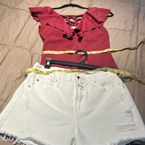 Burgandy Ruffled Top  M and White Distressed Shorts M BNWt today’s deal